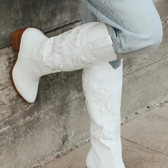 Women Western Cowboy Boots Leather Tall Embroidered Pointed Toe Chunky Heel - Picture 3 of 6